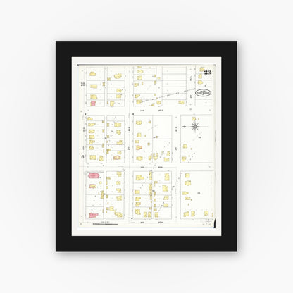 Old map wall art mockup — black gallery frame with white mat — Sanborn Fire Insurance Map from Fort Dodge, Webster County, Iowa (1907), Sheet #0023