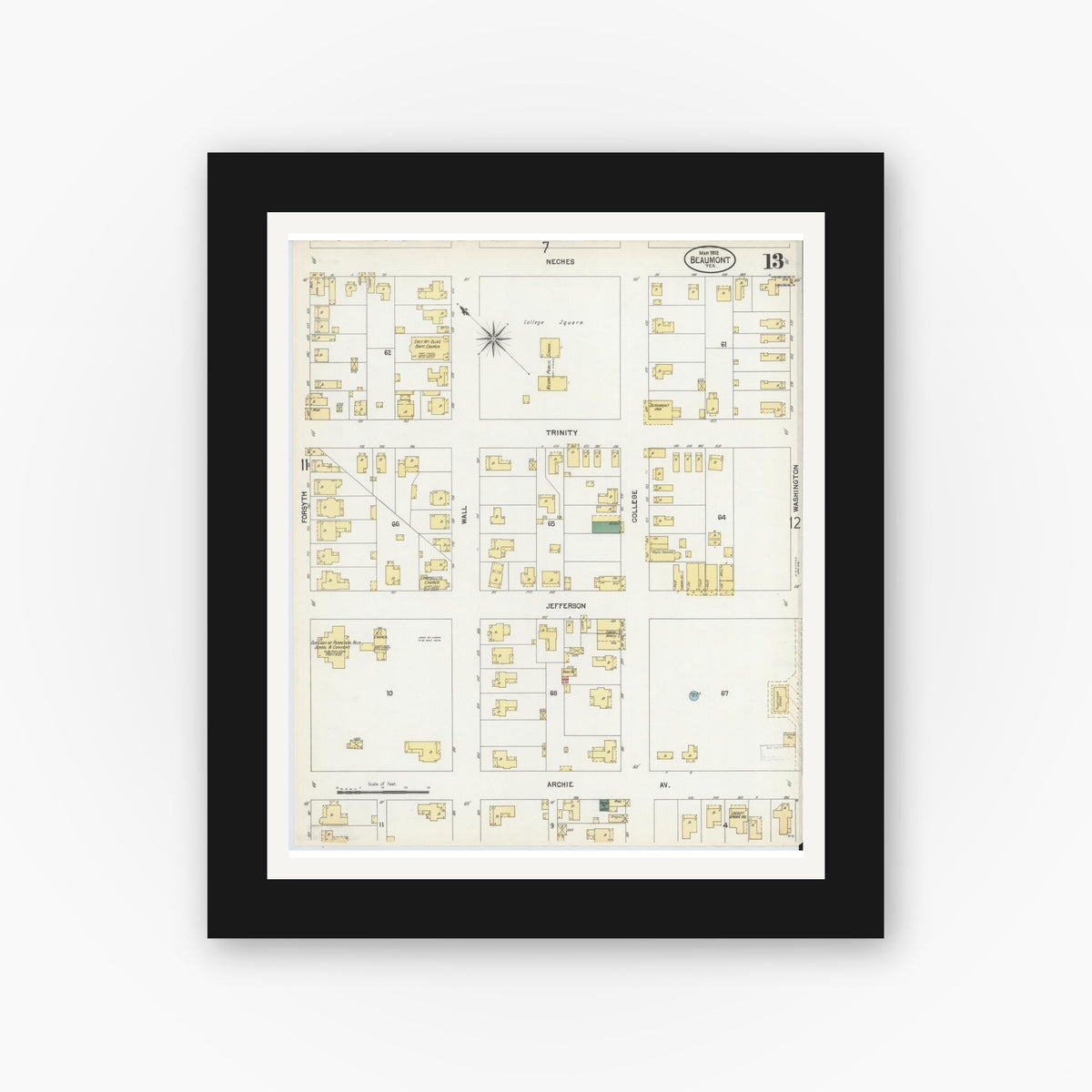 Old map wall art mockup — black gallery frame with white mat — Sanborn Fire Insurance Map from Beaumont, Jefferson County, Texas (1902), Sheet #0013