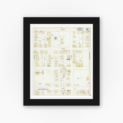 Old map wall art mockup — black gallery frame with white mat — Sanborn Fire Insurance Map from Beaumont, Jefferson County, Texas (1902), Sheet #0013
