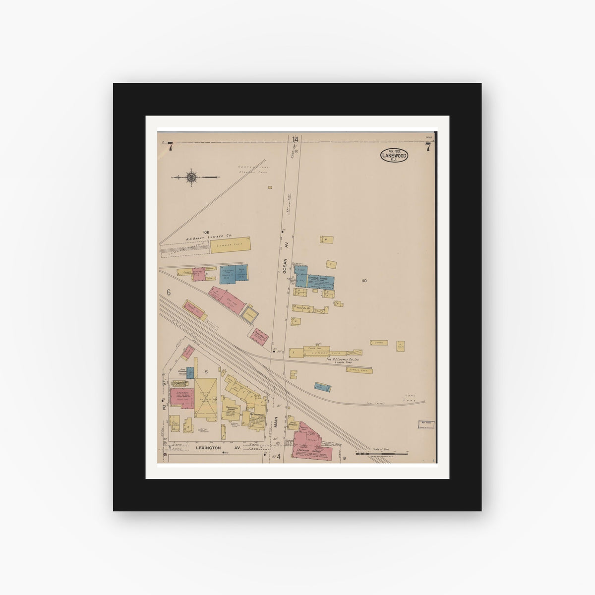 Old map wall art mockup — black gallery frame with white mat — Sanborn Fire Insurance Map from Lakewood, Ocean County, New Jersey (1922), Sheet #0007