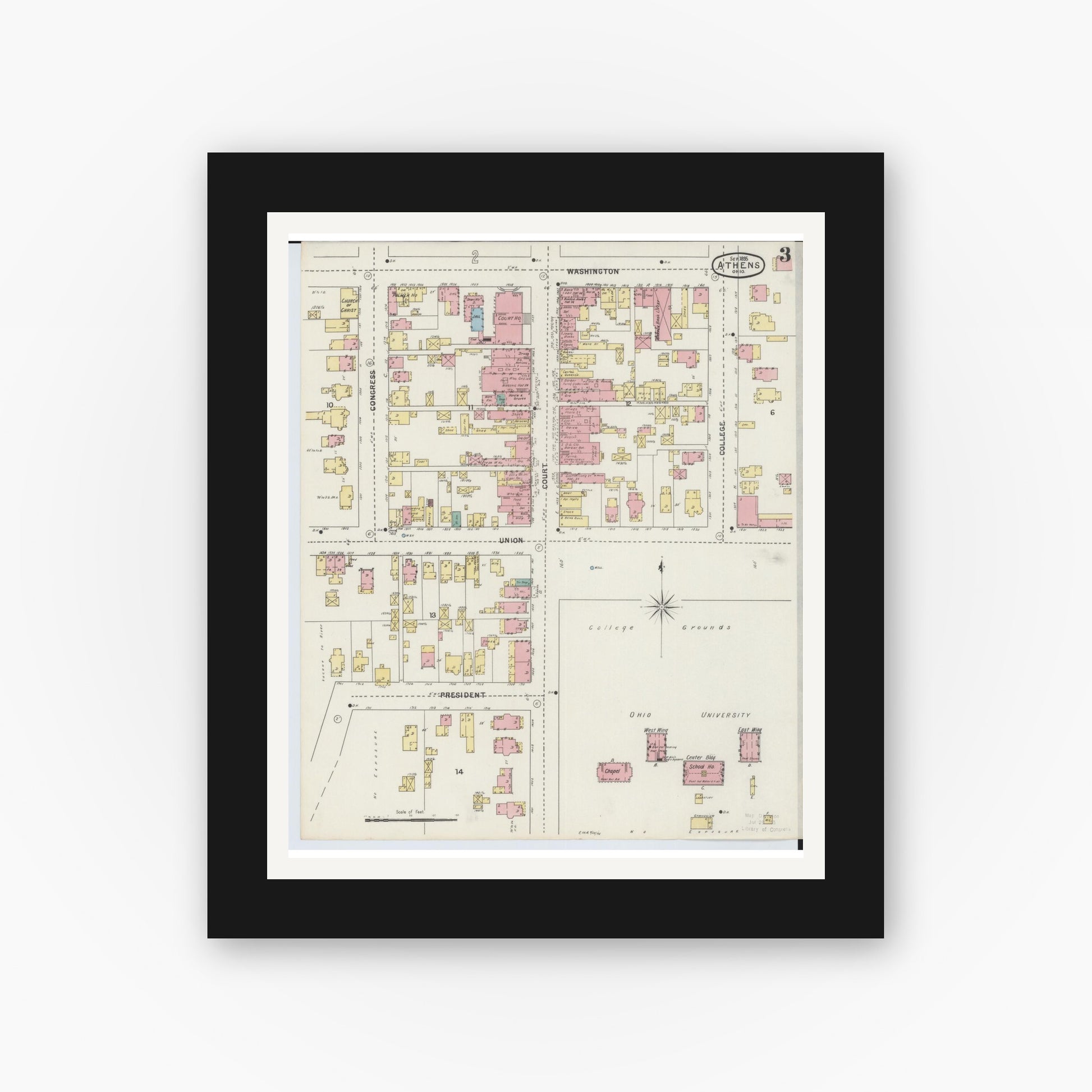 Old map wall art mockup — black gallery frame with white mat — Sanborn Fire Insurance Map from Athens, Athens County, Ohio (1895), Sheet #0003