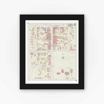 Old map wall art mockup — black gallery frame with white mat — Sanborn Fire Insurance Map from Athens, Athens County, Ohio (1895), Sheet #0003
