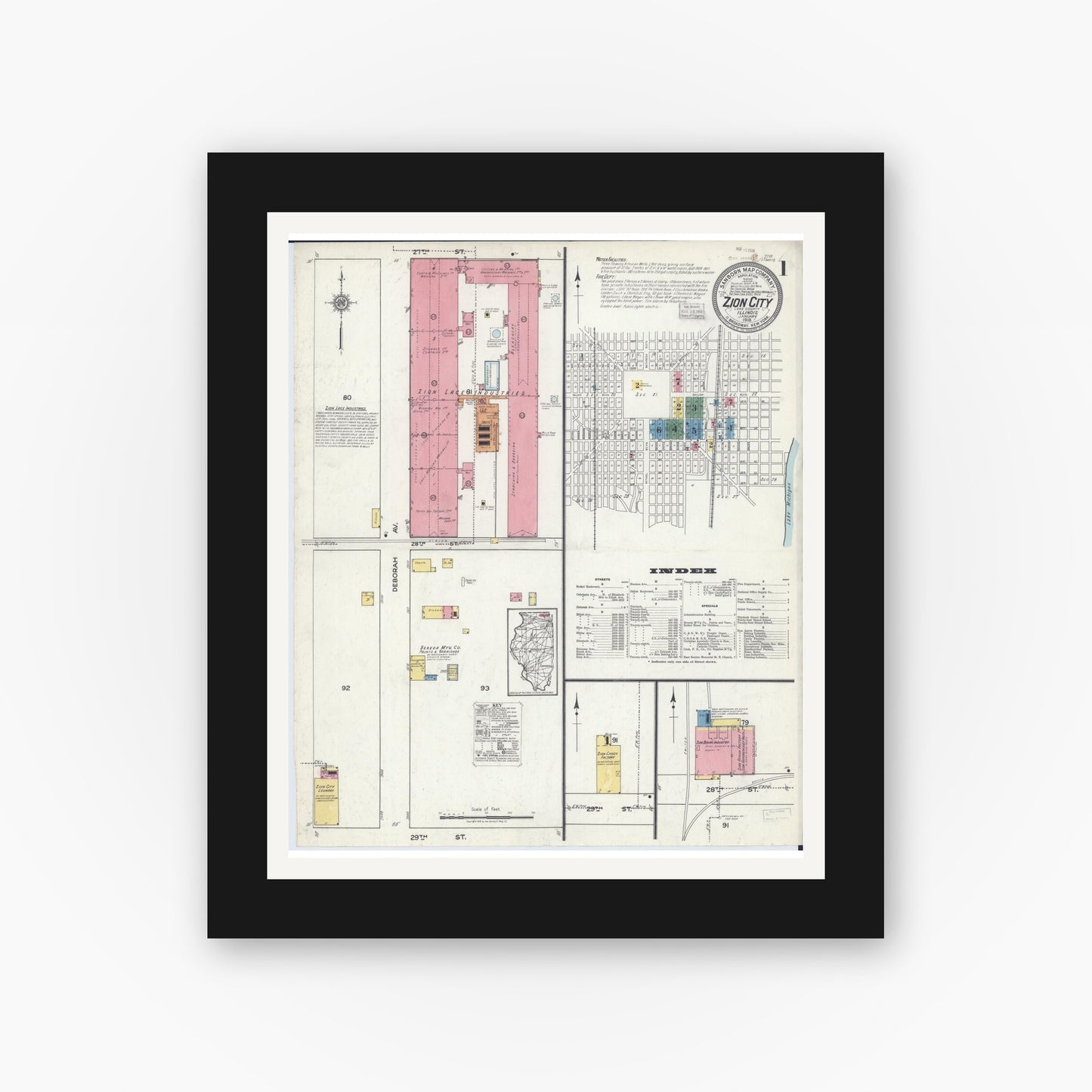 Old map wall art mockup — black gallery frame with white mat — Sanborn Fire Insurance Map from Zion, Lake County, Illinois (1918), Sheet #0001