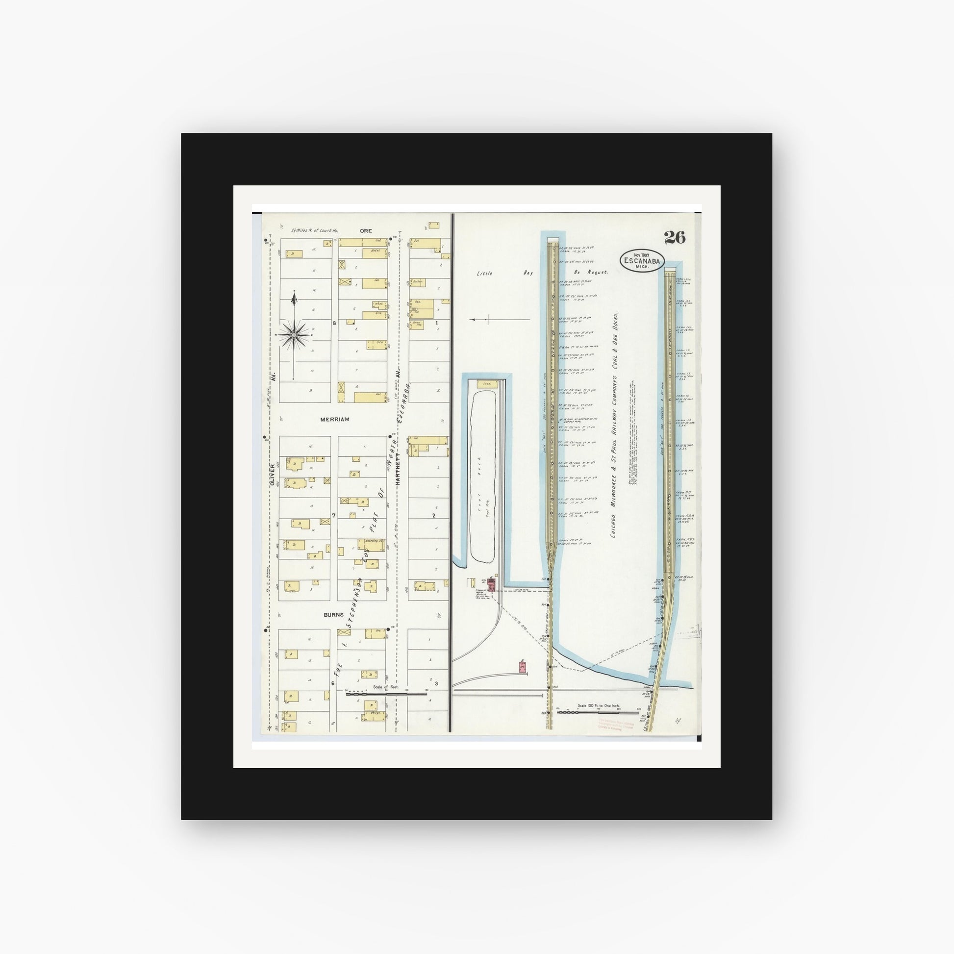 Old map wall art mockup — black gallery frame with white mat — Sanborn Fire Insurance Map from Escanaba, Delta County, Michigan (1906), Sheet #0026