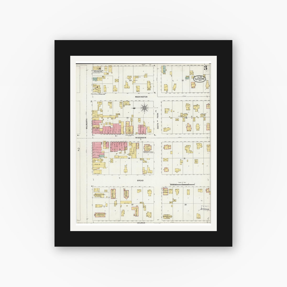 Old map wall art mockup — black gallery frame with white mat — Sanborn Fire Insurance Map from Elkhorn, Walworth County, Wisconsin (1898), Sheet #0003