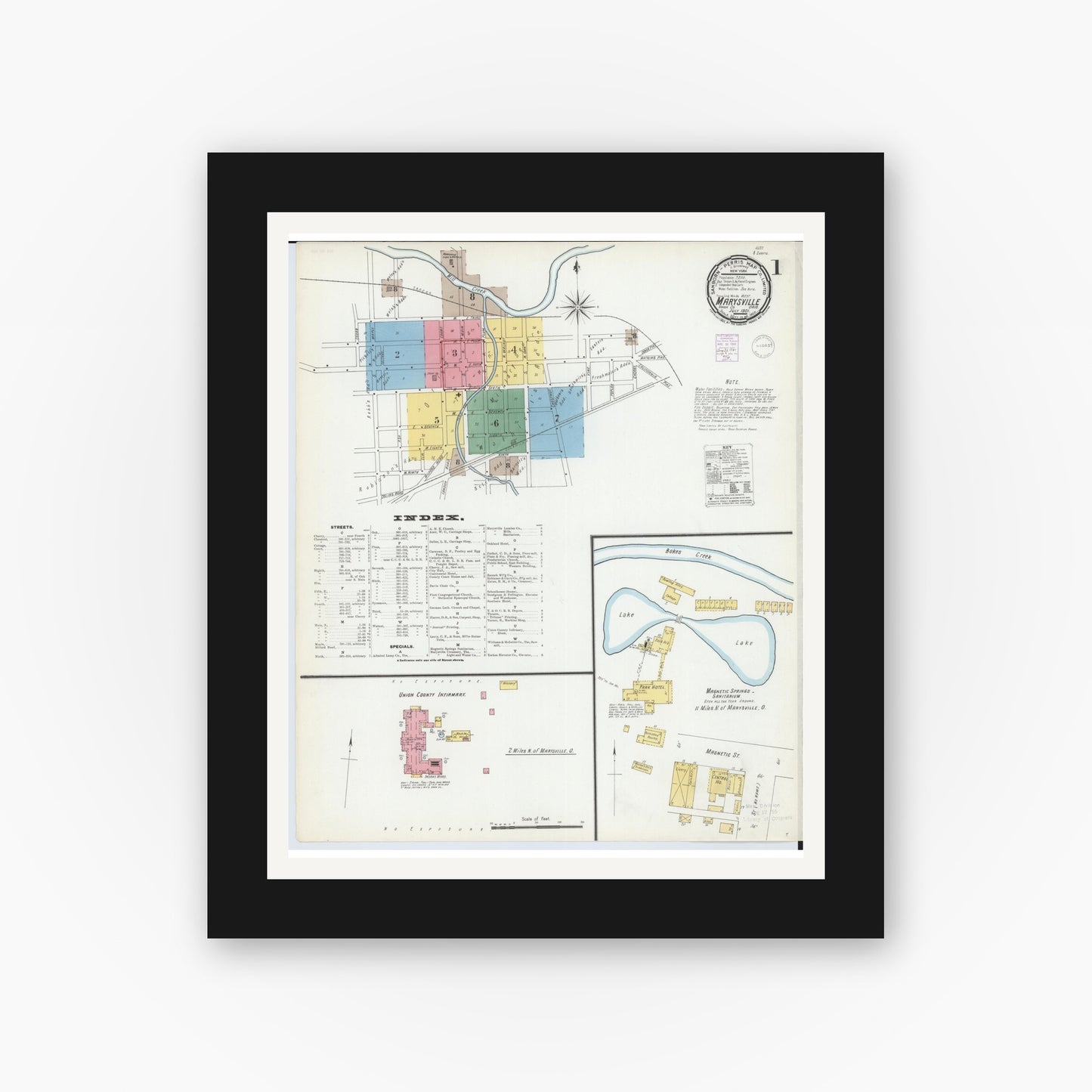 Old map wall art mockup — black gallery frame with white mat — Sanborn Fire Insurance Map from Marysville, Union County, Ohio (1901), Sheet #0001