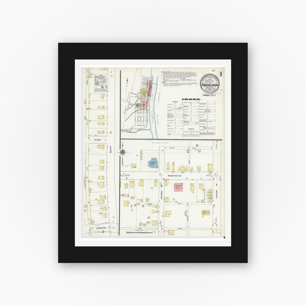 Old map wall art mockup — black gallery frame with white mat — Sanborn Fire Insurance Map from Parkers Landing, Armstrong County, Pennsylvania (1910), Sheet #0001