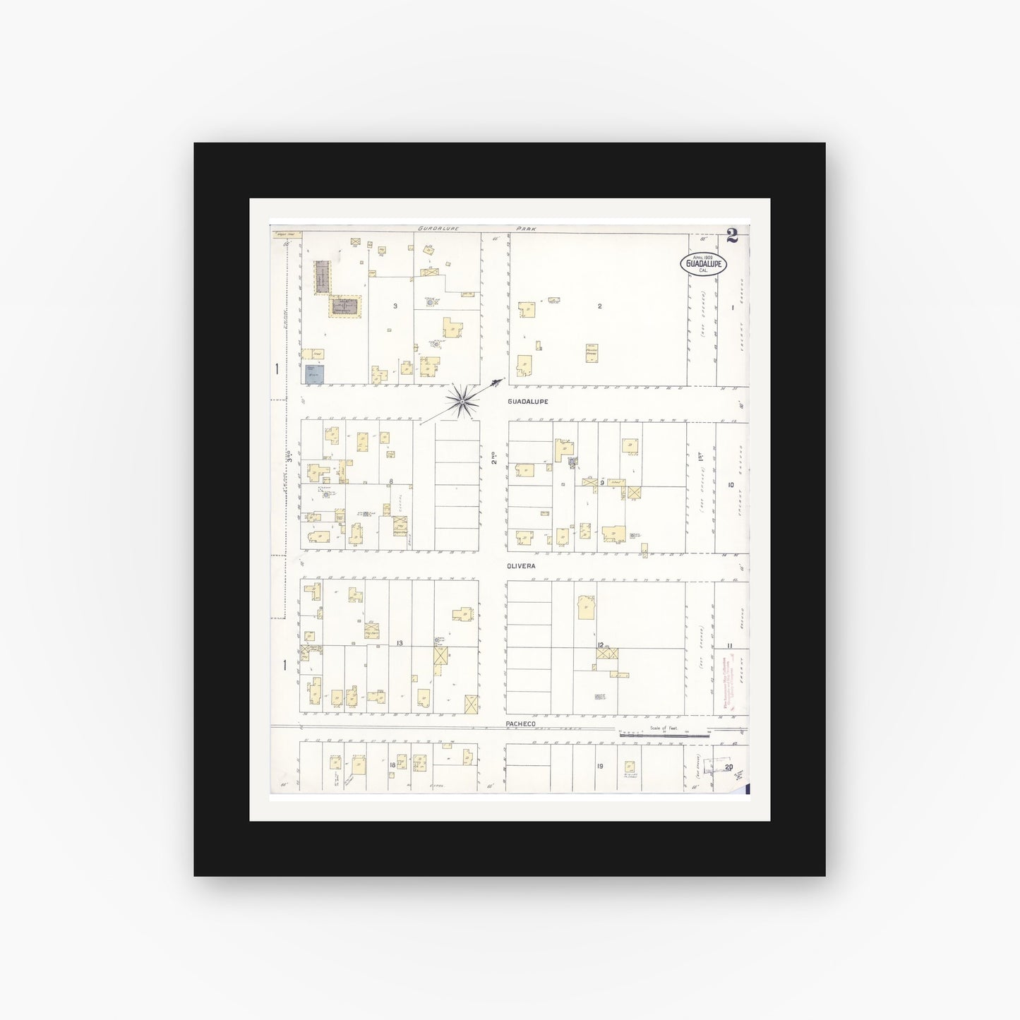 Old map wall art mockup — black gallery frame with white mat — Sanborn Fire Insurance Map from Guadalupe, Santa Barbara County, California (1909), Sheet #0002