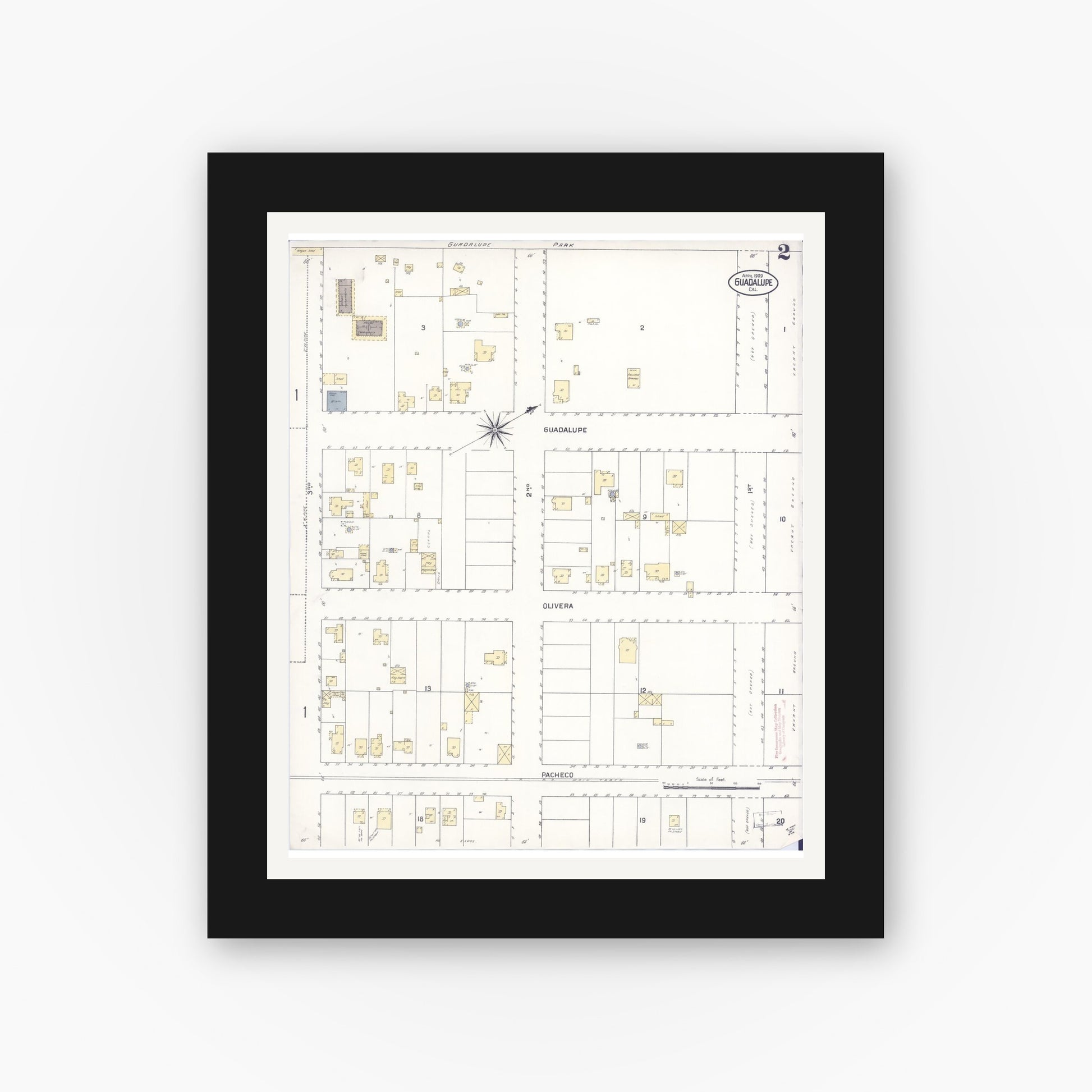 Old map wall art mockup — black gallery frame with white mat — Sanborn Fire Insurance Map from Guadalupe, Santa Barbara County, California (1909), Sheet #0002