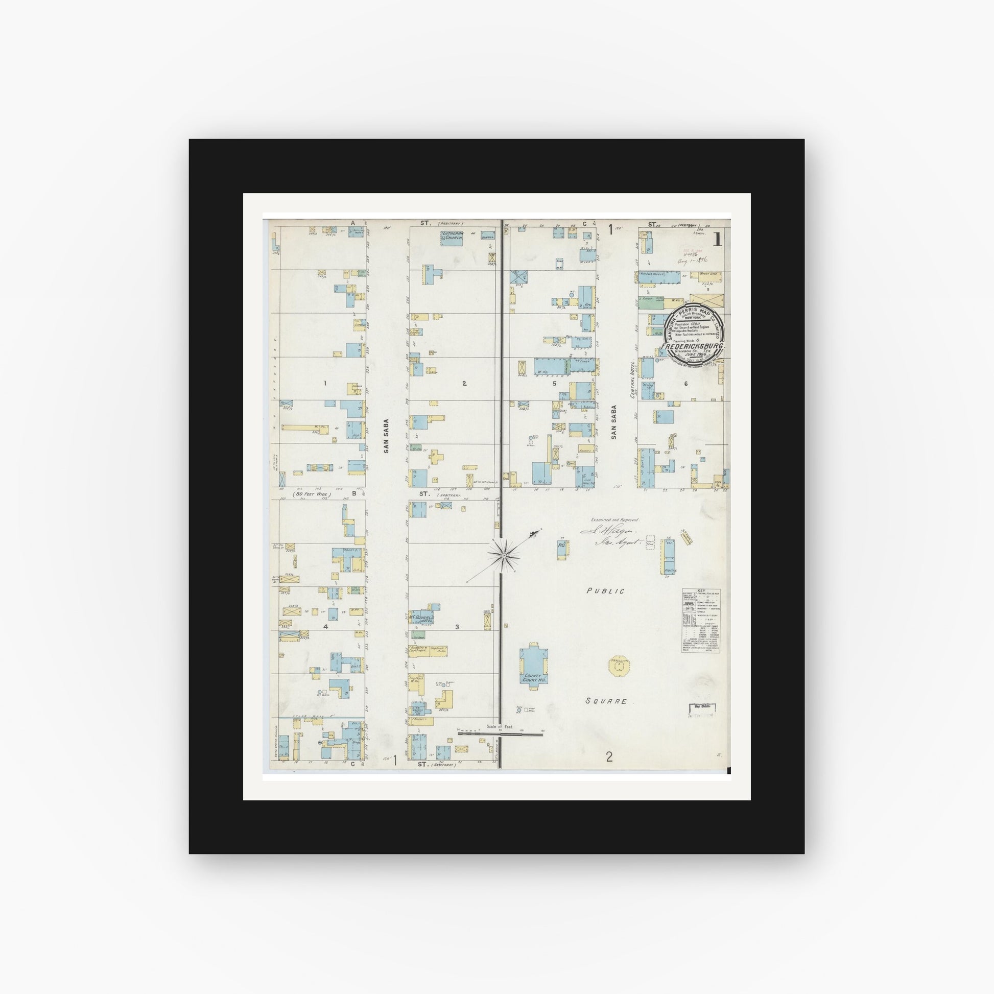 Old map wall art mockup — black gallery frame with white mat — Sanborn Fire Insurance Map from Fredericksburg, Gillespie County, Texas (1896) - Complete Map Set