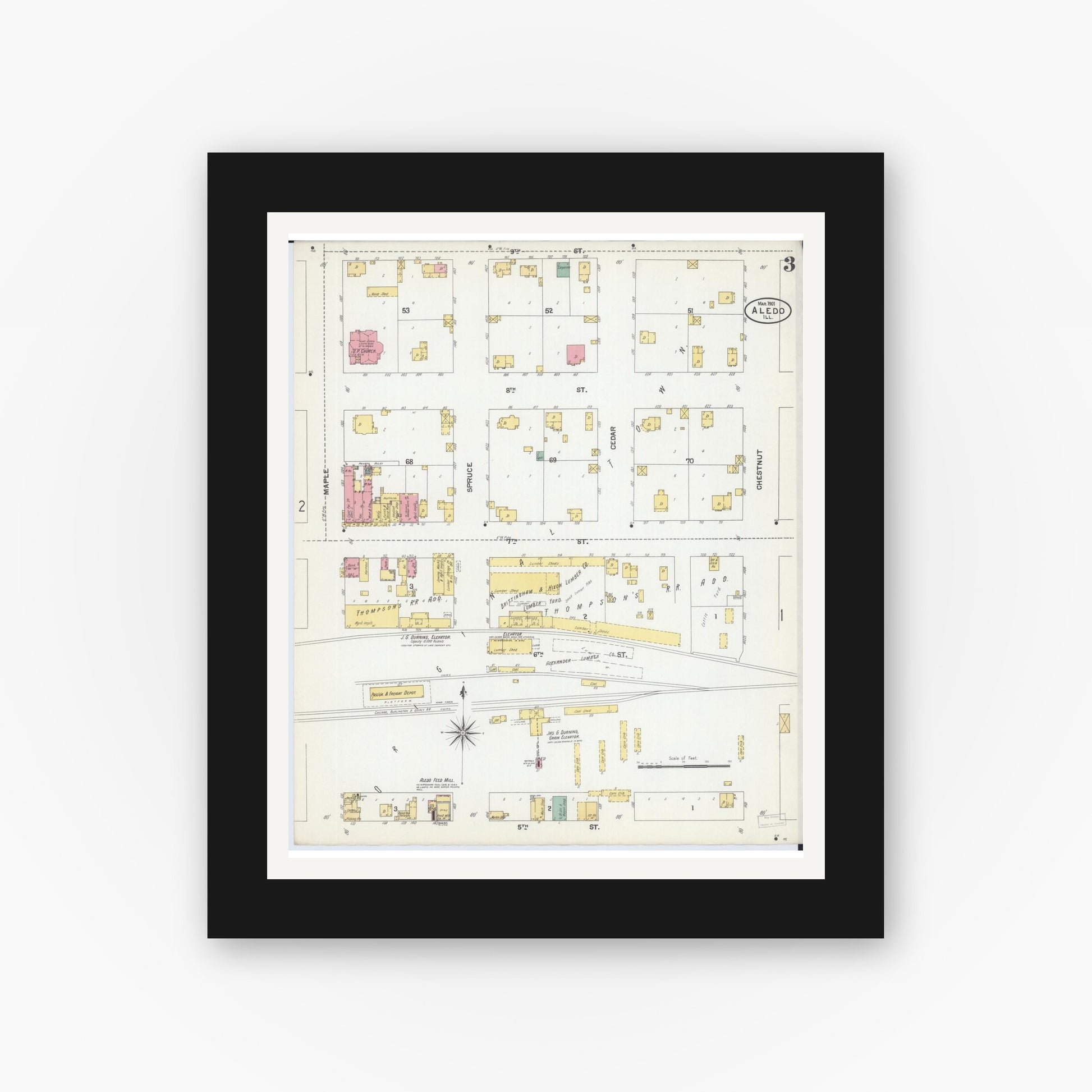 Old map wall art mockup — black gallery frame with white mat — Sanborn Fire Insurance Map from Aledo, Mercer County, Illinois (1901), Sheet #0003