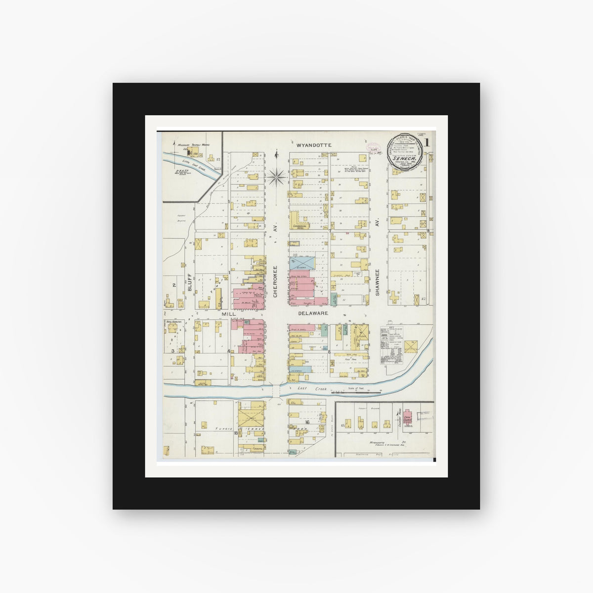 Old map wall art mockup — black gallery frame with white mat — Sanborn Fire Insurance Map from Seneca, Newton County, Missouri (1894) - Complete Map Set