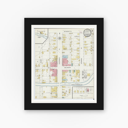 Old map wall art mockup — black gallery frame with white mat — Sanborn Fire Insurance Map from Seneca, Newton County, Missouri (1894) - Complete Map Set