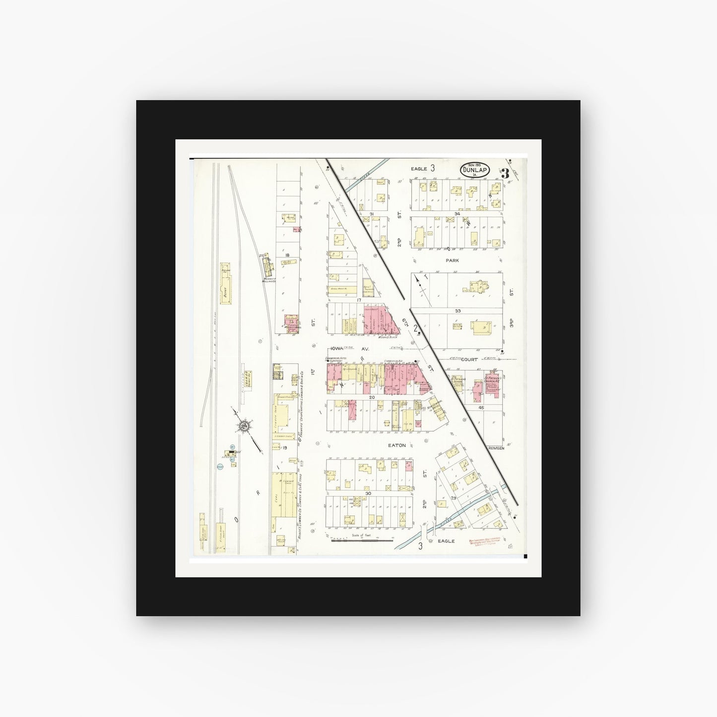 Old map wall art mockup — black gallery frame with white mat — Sanborn Fire Insurance Map from Dunlap, Harrison County, Iowa (1913), Sheet #0003