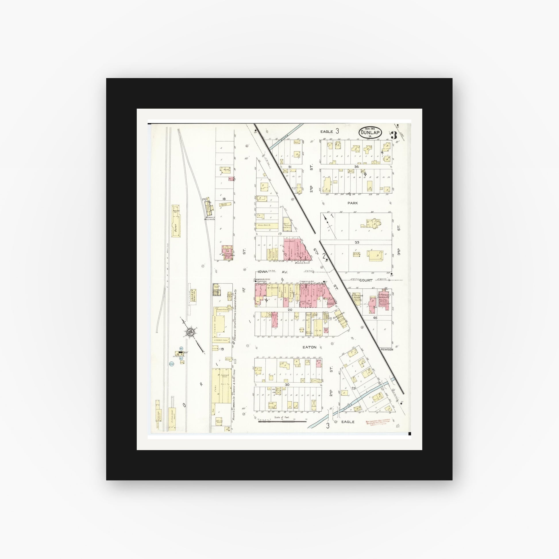 Old map wall art mockup — black gallery frame with white mat — Sanborn Fire Insurance Map from Dunlap, Harrison County, Iowa (1913), Sheet #0003