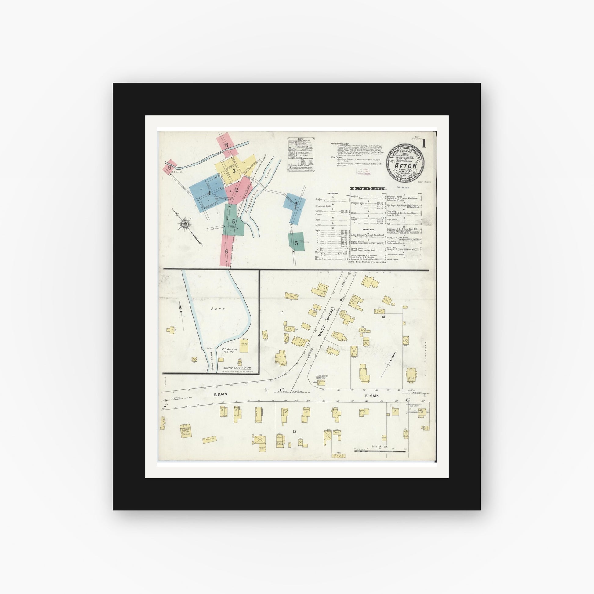 Old map wall art mockup — black gallery frame with white mat — Sanborn Fire Insurance Map from Afton, Chenango County, New York (1912) - Complete Map Set