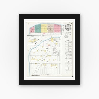 Old map wall art mockup — black gallery frame with white mat — Sanborn Fire Insurance Map from Sabula, Jackson County, Iowa (1893) â€” Complete Set