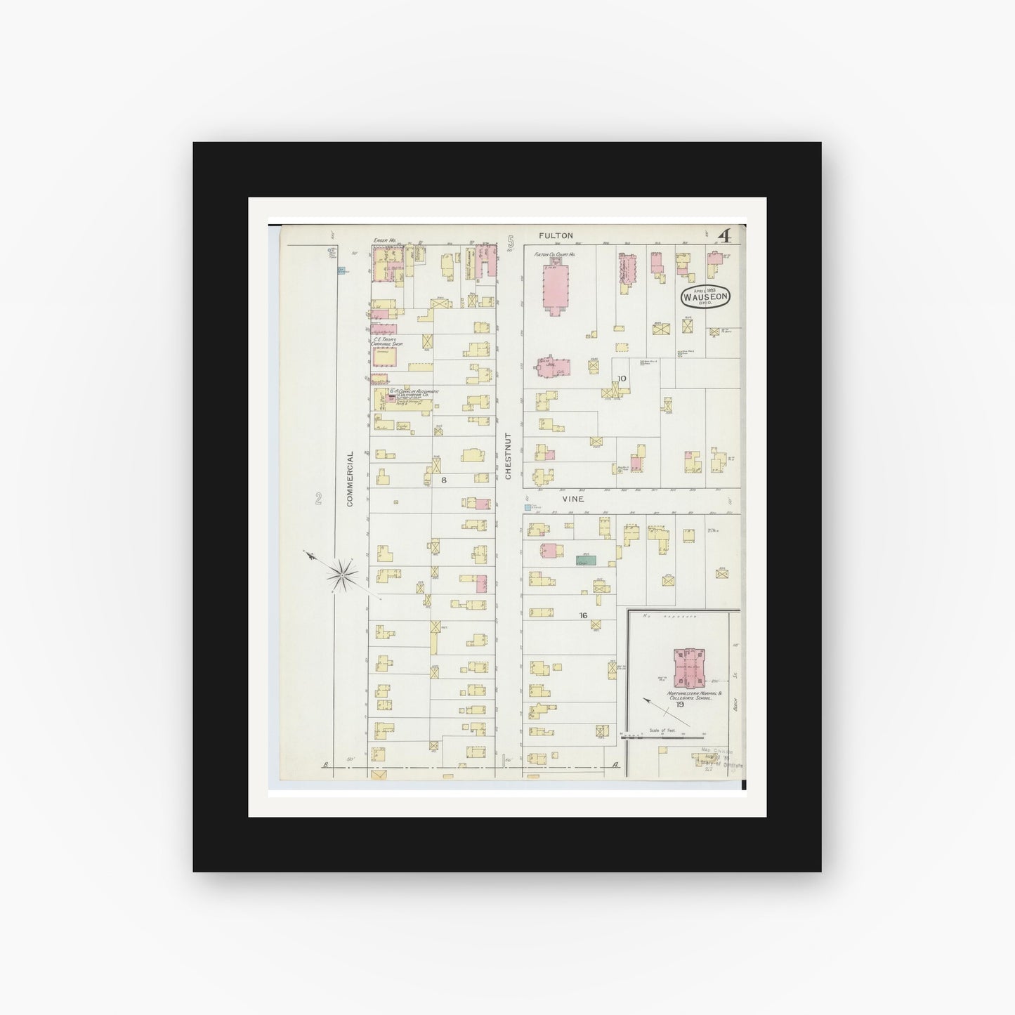 Old map wall art mockup — black gallery frame with white mat — Sanborn Fire Insurance Map from Wauseon, Fulton County, Ohio (1893), Sheet #0004