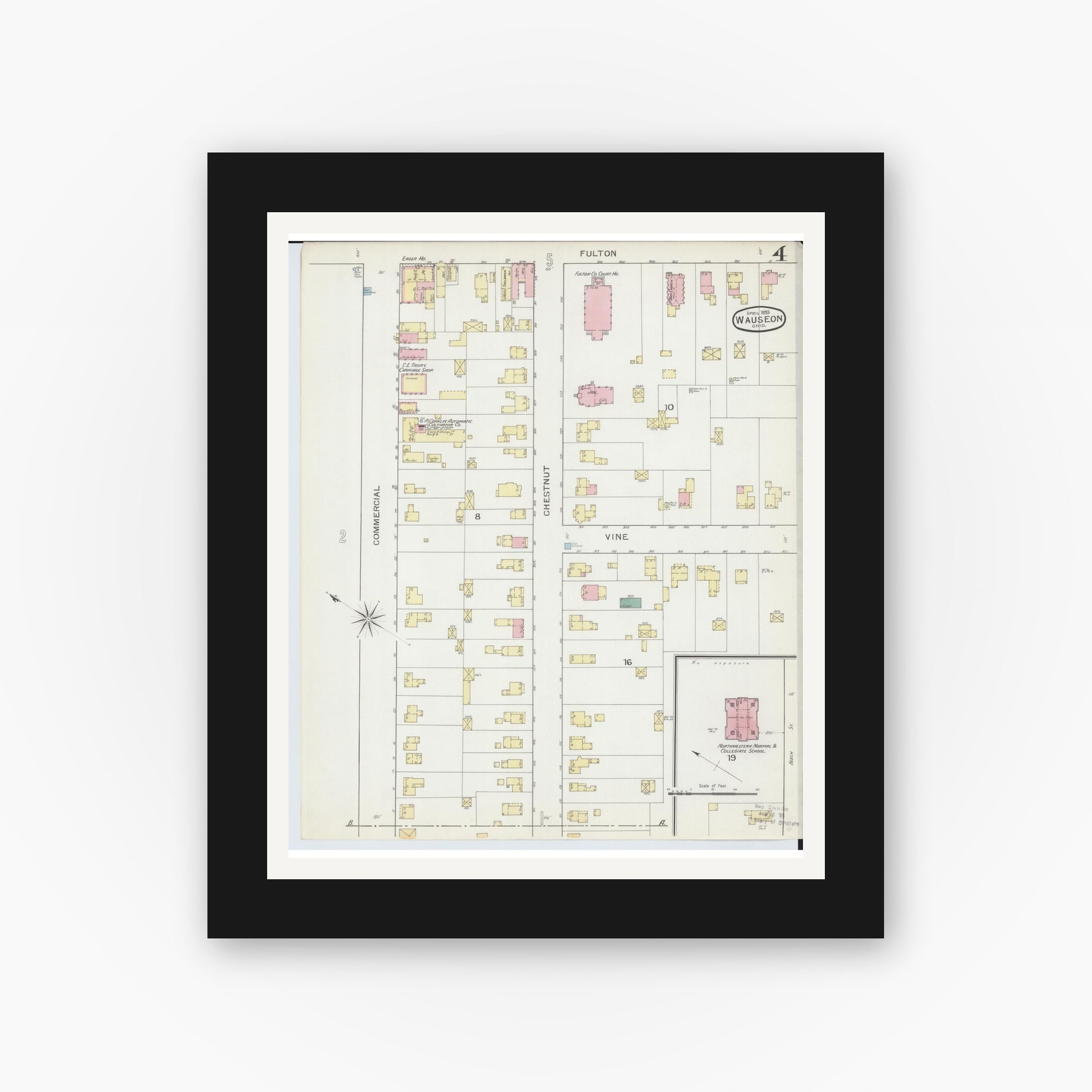 Old map wall art mockup — black gallery frame with white mat — Sanborn Fire Insurance Map from Wauseon, Fulton County, Ohio (1893), Sheet #0004