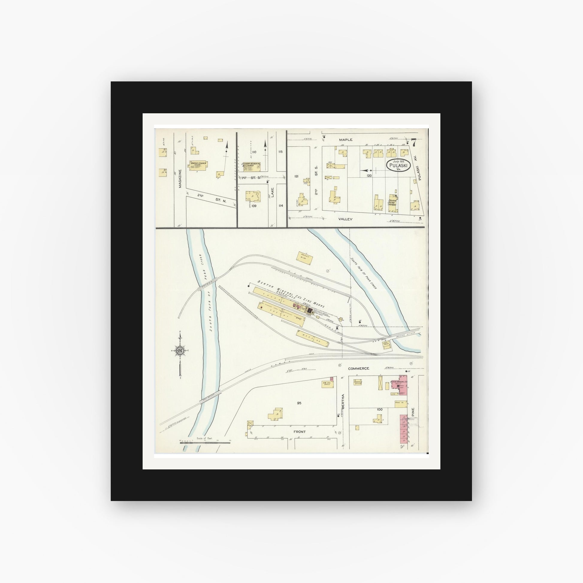 Old map wall art mockup — black gallery frame with white mat — Sanborn Fire Insurance Map from Pulaski, Pulaski County, Virginia (1913), Sheet #0007