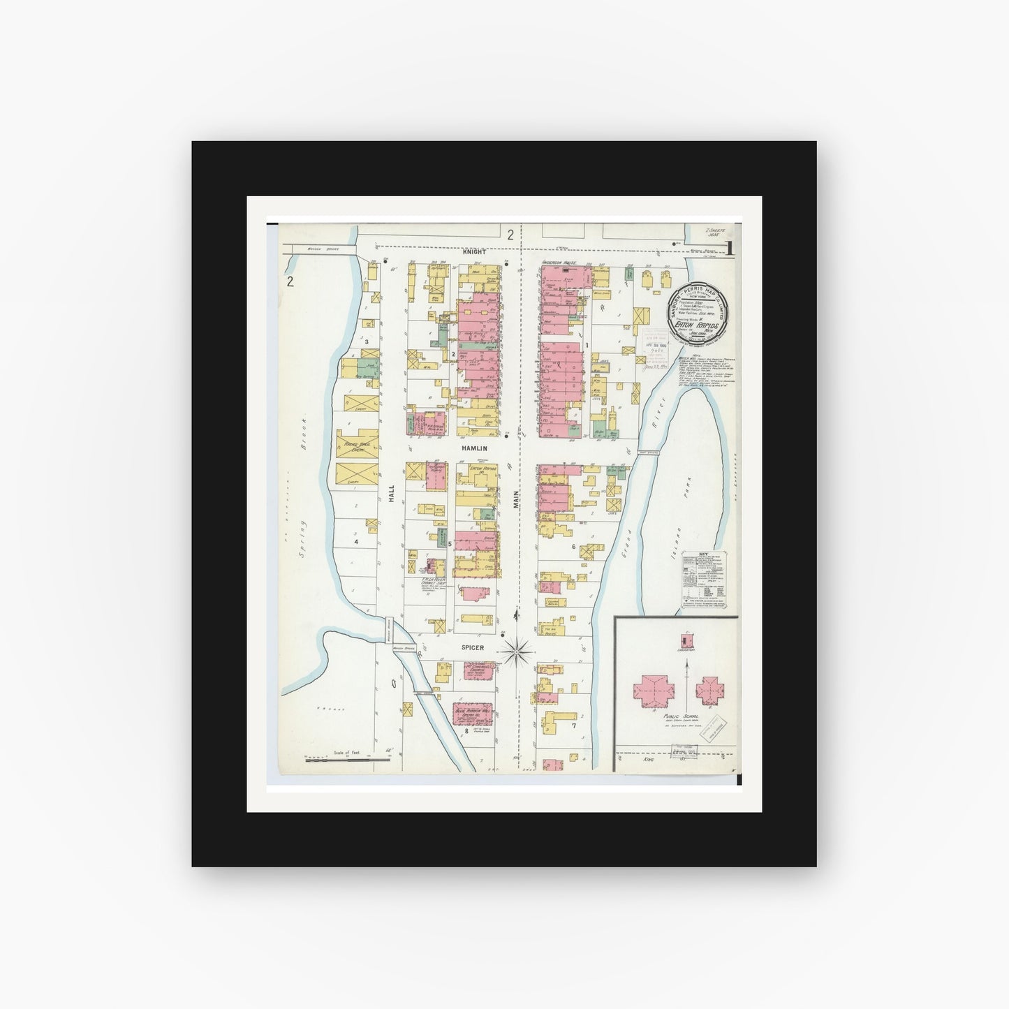 Old map wall art mockup — black gallery frame with white mat — Sanborn Fire Insurance Map from Eaton Rapids, Eaton County, Michigan (1900), Sheet #0001