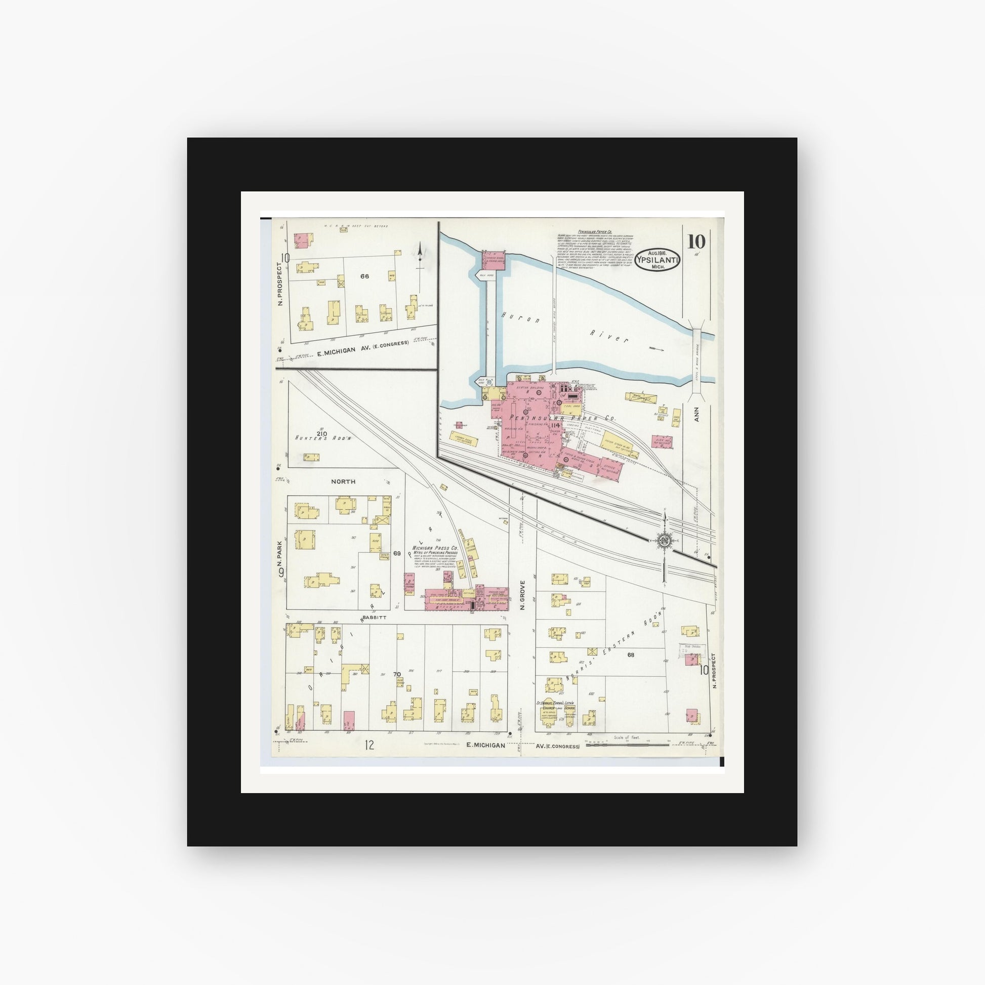 Old map wall art mockup — black gallery frame with white mat — Sanborn Fire Insurance Map from Ypsilanti, Washtenaw County, Michigan (1916), Sheet #0010