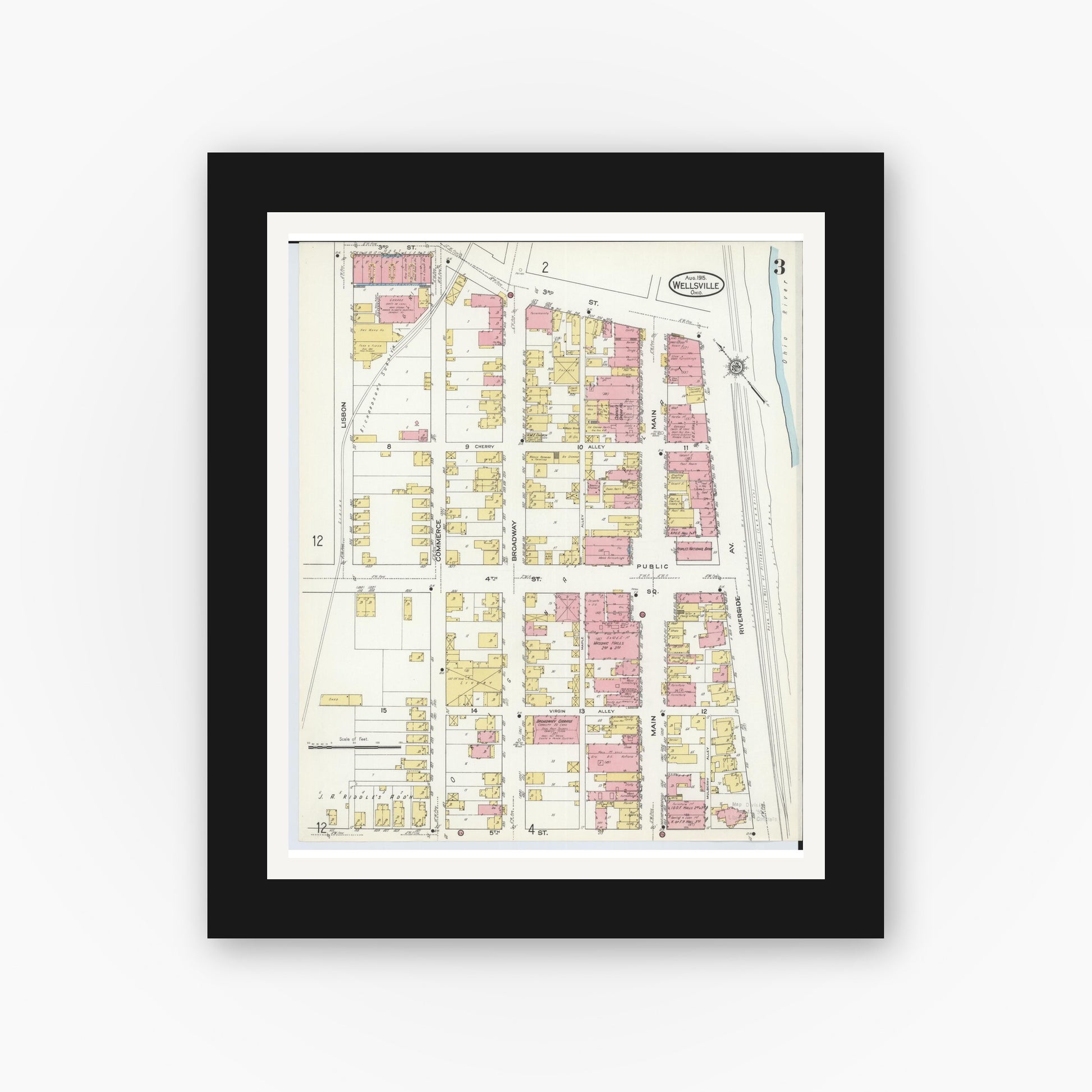 Old map wall art mockup — black gallery frame with white mat — Sanborn Fire Insurance Map from Wellsville, Columbiana County, Ohio (1915), Sheet #0003