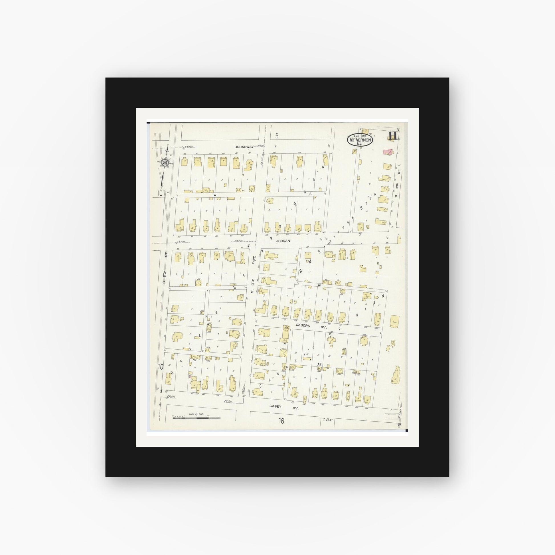 Old map wall art mockup — black gallery frame with white mat — Sanborn Fire Insurance Map from Mount Vernon, Jefferson County, Illinois (1913), Sheet #0011