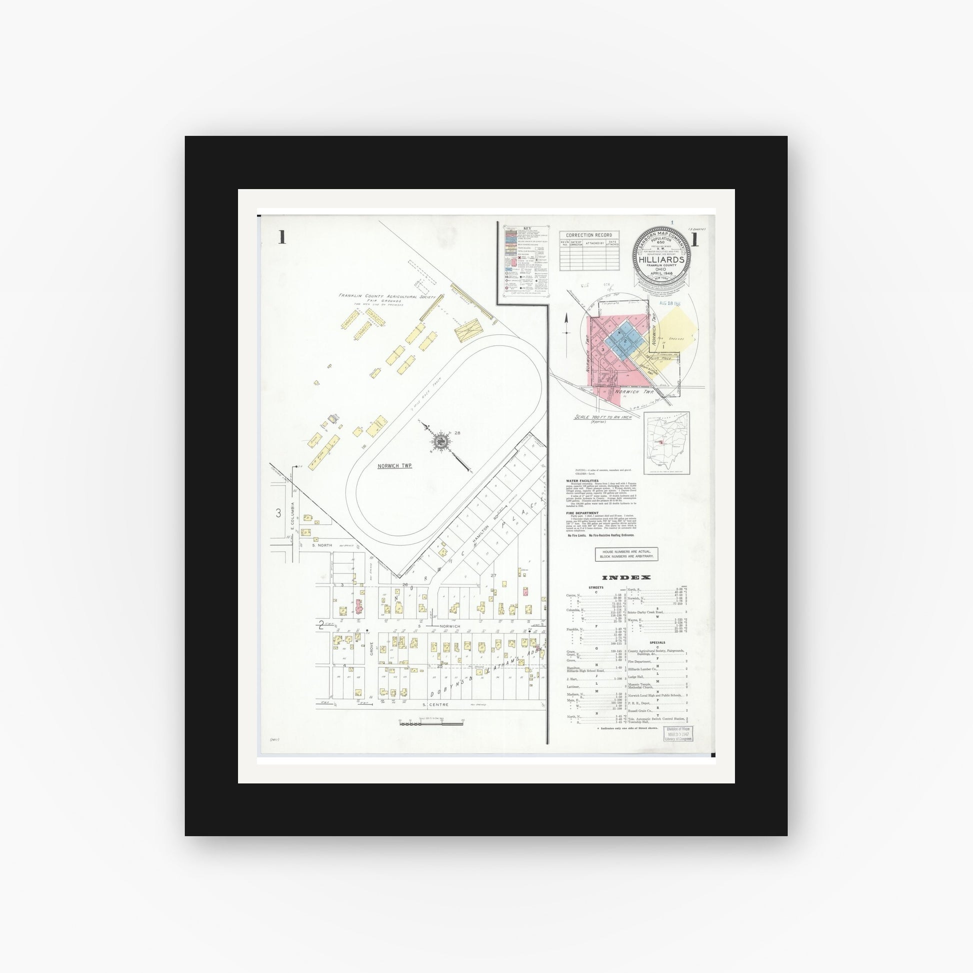 Old map wall art mockup — black gallery frame with white mat — Sanborn Fire Insurance Map from Hilliards, Franklin County, Ohio (1946), Sheet #0001