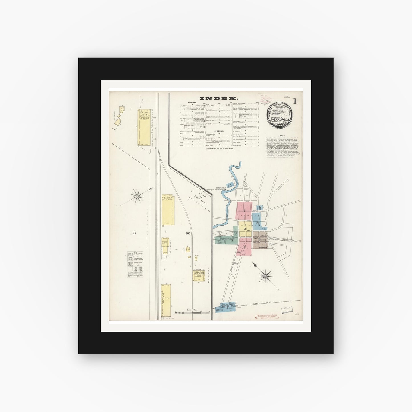 Old map wall art mockup — black gallery frame with white mat — Sanborn Fire Insurance Map from Hayward, Alameda County, California (1893) - Complete Map Set