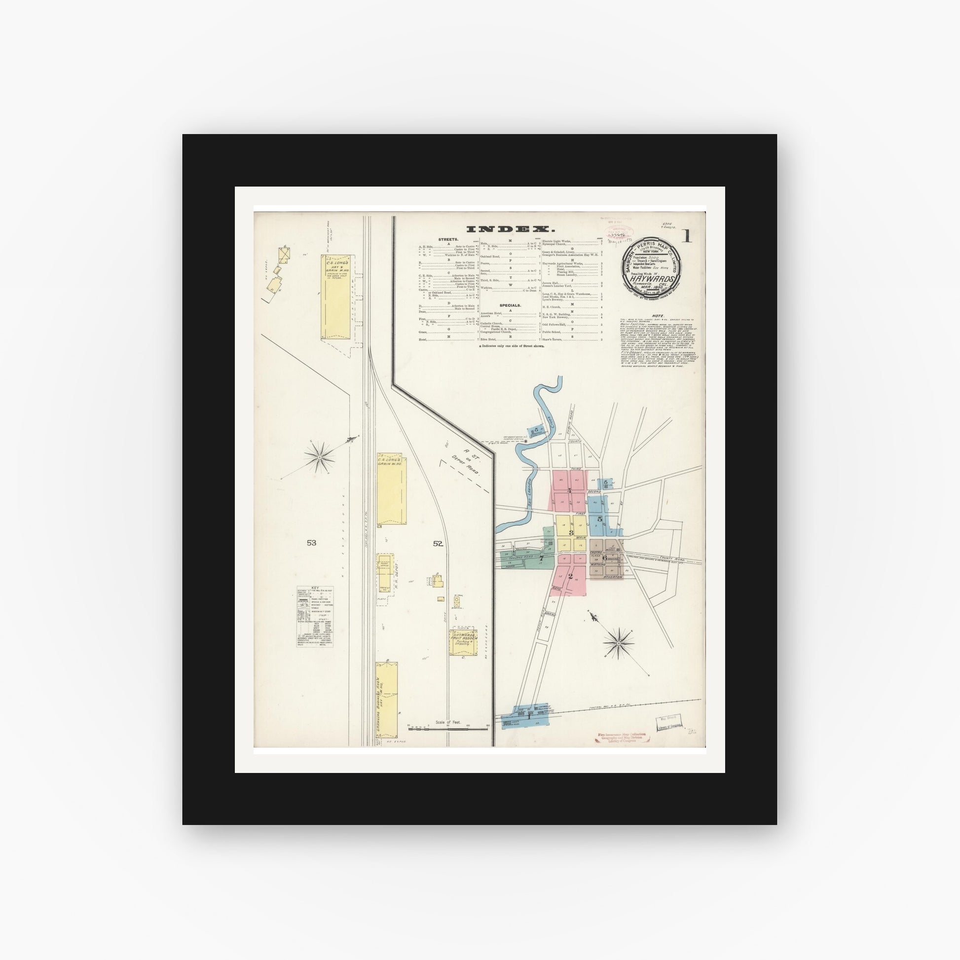 Old map wall art mockup — black gallery frame with white mat — Sanborn Fire Insurance Map from Hayward, Alameda County, California (1893) - Complete Map Set