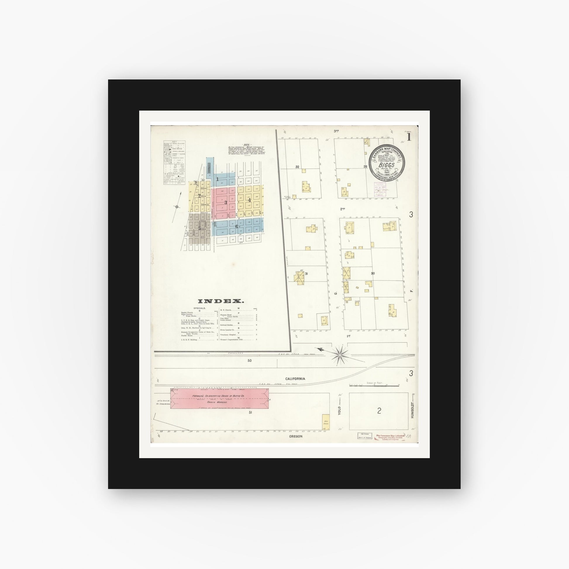 Old map wall art mockup — black gallery frame with white mat — Sanborn Fire Insurance Map from Biggs, Butte County, California (1902), Sheet #0001