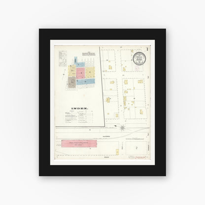 Old map wall art mockup — black gallery frame with white mat — Sanborn Fire Insurance Map from Biggs, Butte County, California (1902), Sheet #0001