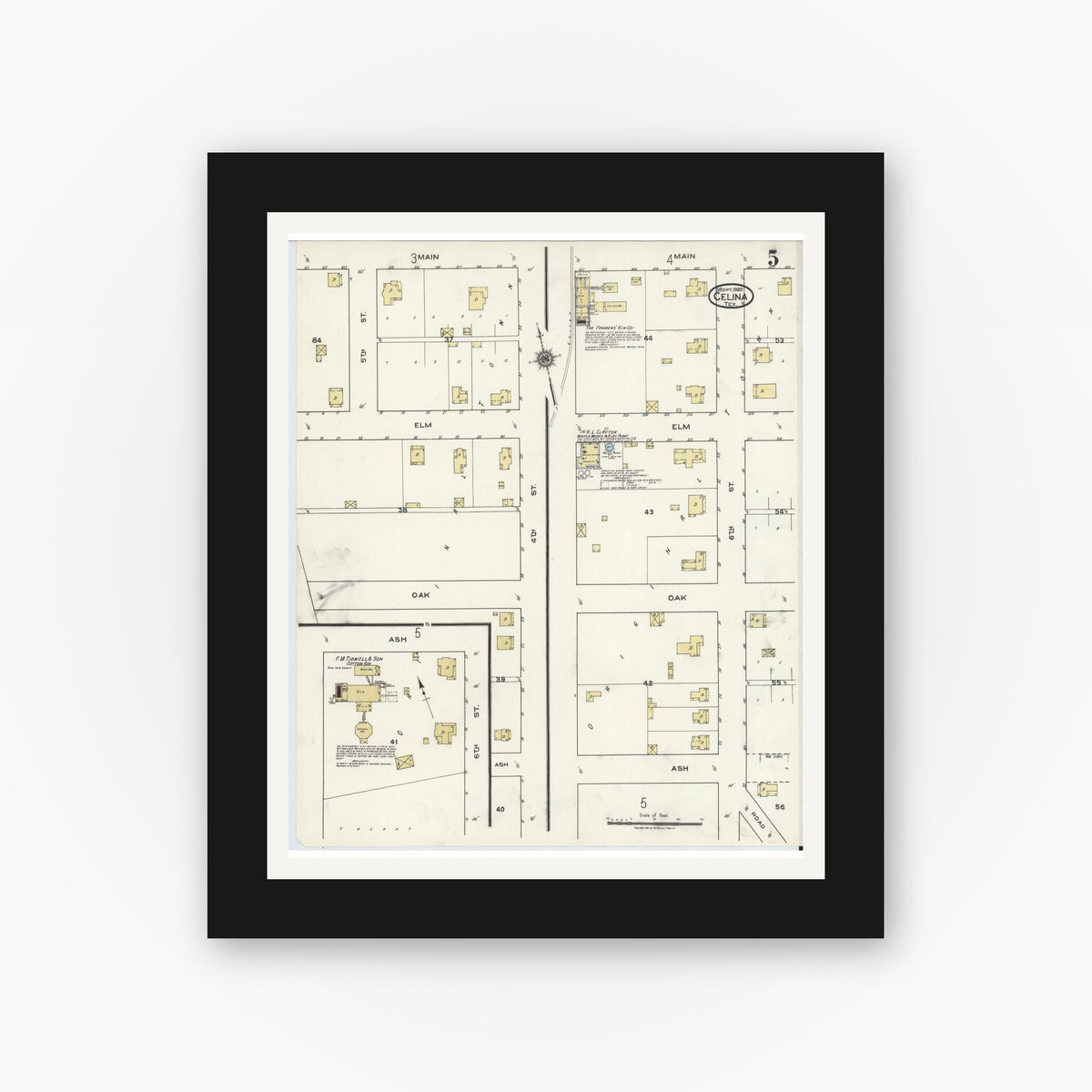 Old map wall art mockup — black gallery frame with white mat — Sanborn Fire Insurance Map from Celina, Collin County, Texas (1920), Sheet #0005