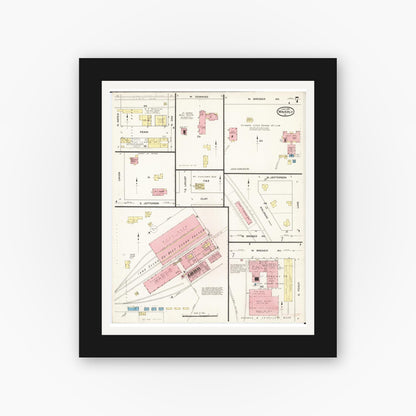 Old map wall art mockup — black gallery frame with white mat — Sanborn Fire Insurance Map from Waverly, Bremer County, Iowa (1915), Sheet #0007