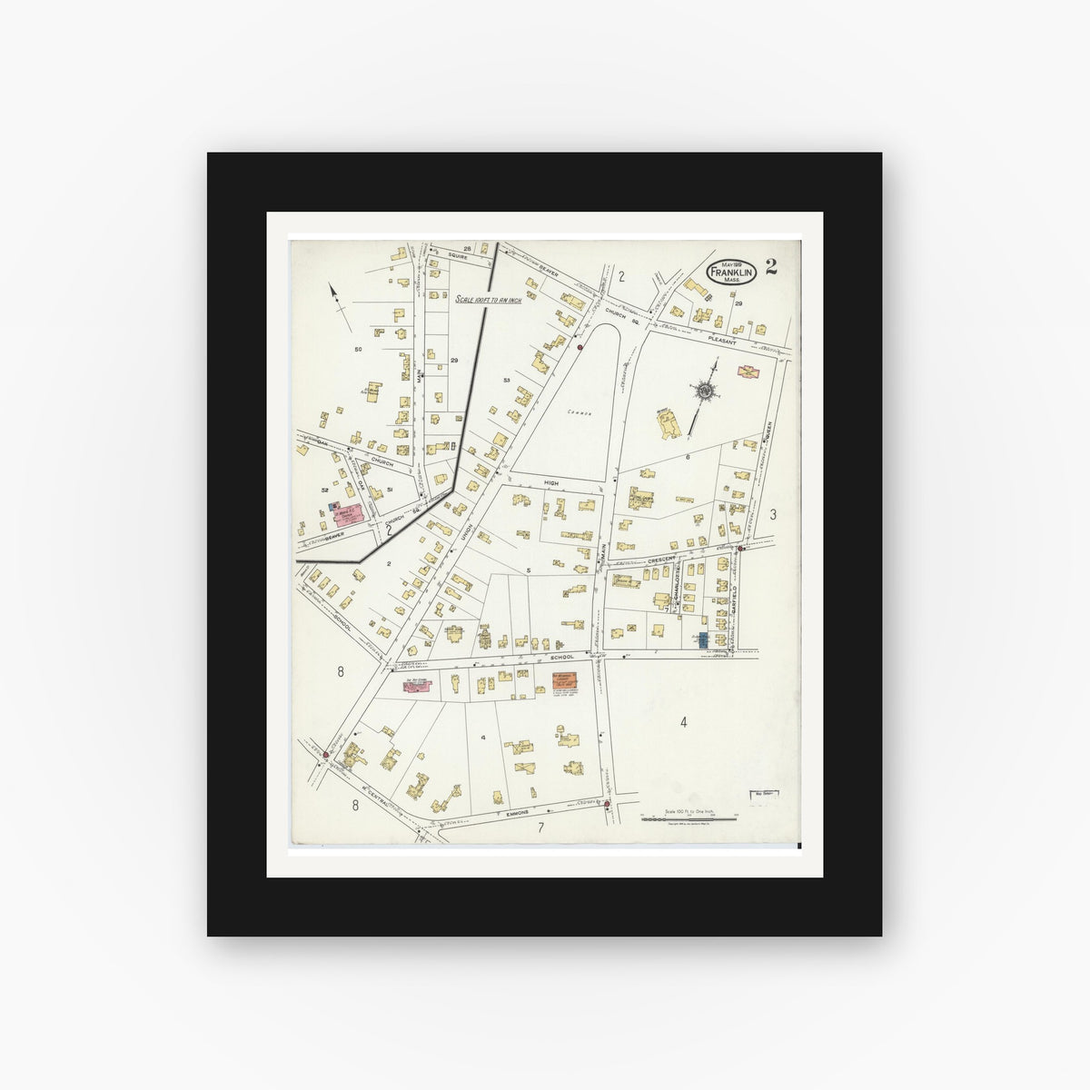Old map wall art mockup — black gallery frame with white mat — Sanborn Fire Insurance Map from Franklin, Norfolk County, Massachusetts (1919), Sheet #0002