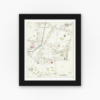 Old map wall art mockup — black gallery frame with white mat — Sanborn Fire Insurance Map from Franklin, Norfolk County, Massachusetts (1919), Sheet #0002