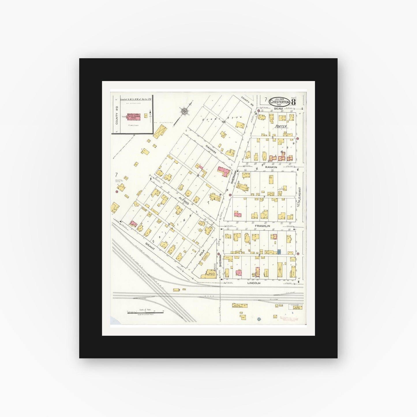 Old map wall art mockup — black gallery frame with white mat — Sanborn Fire Insurance Map from Chesterton, Porter County, Indiana (1922), Sheet #0008
