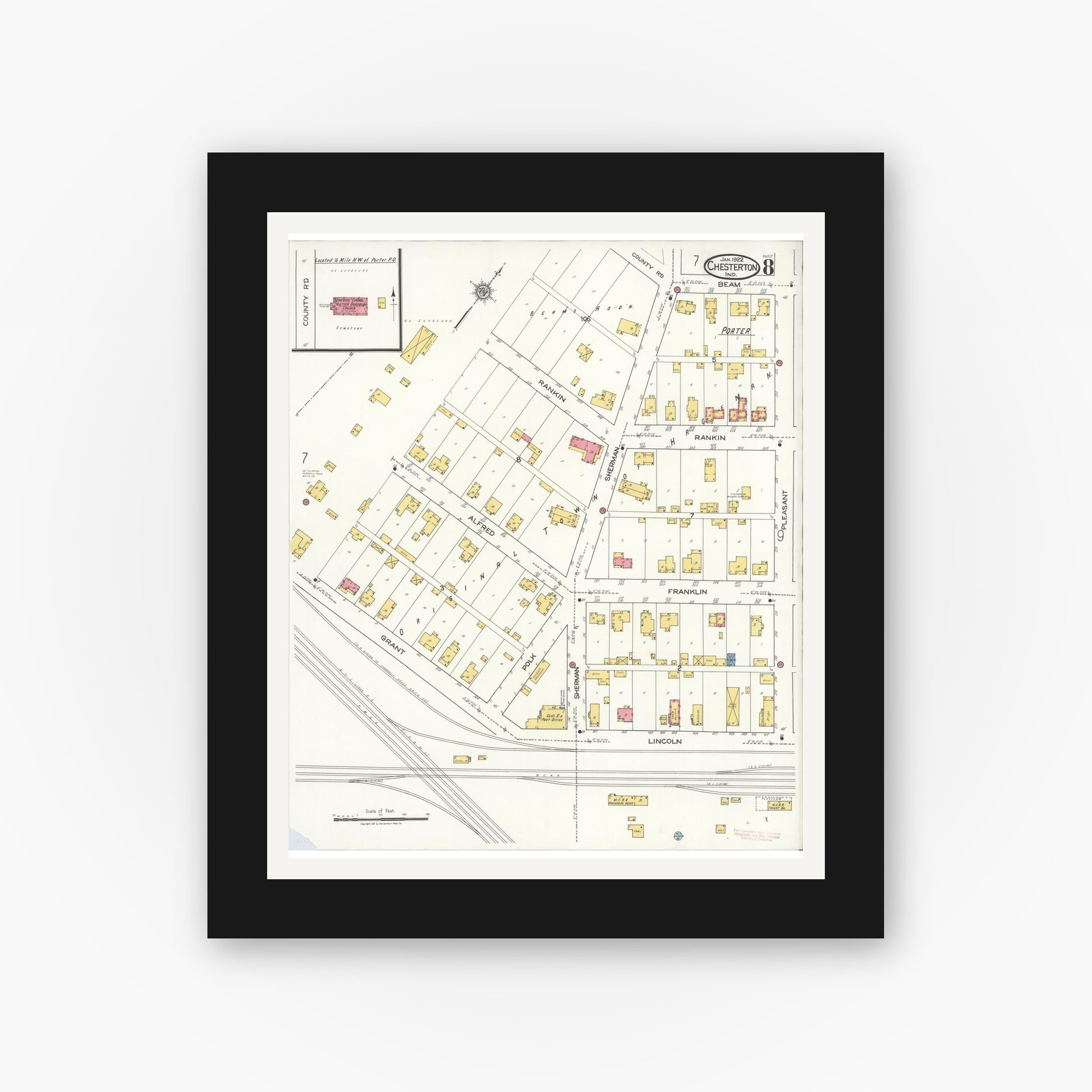 Old map wall art mockup — black gallery frame with white mat — Sanborn Fire Insurance Map from Chesterton, Porter County, Indiana (1922), Sheet #0008