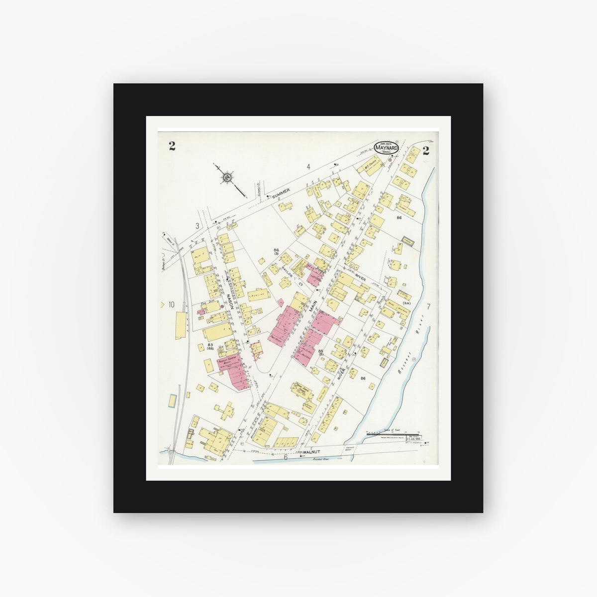 Old map wall art mockup — black gallery frame with white mat — Sanborn Fire Insurance Map from Maynard, Middlesex County, Massachusetts (1924), Sheet #0002