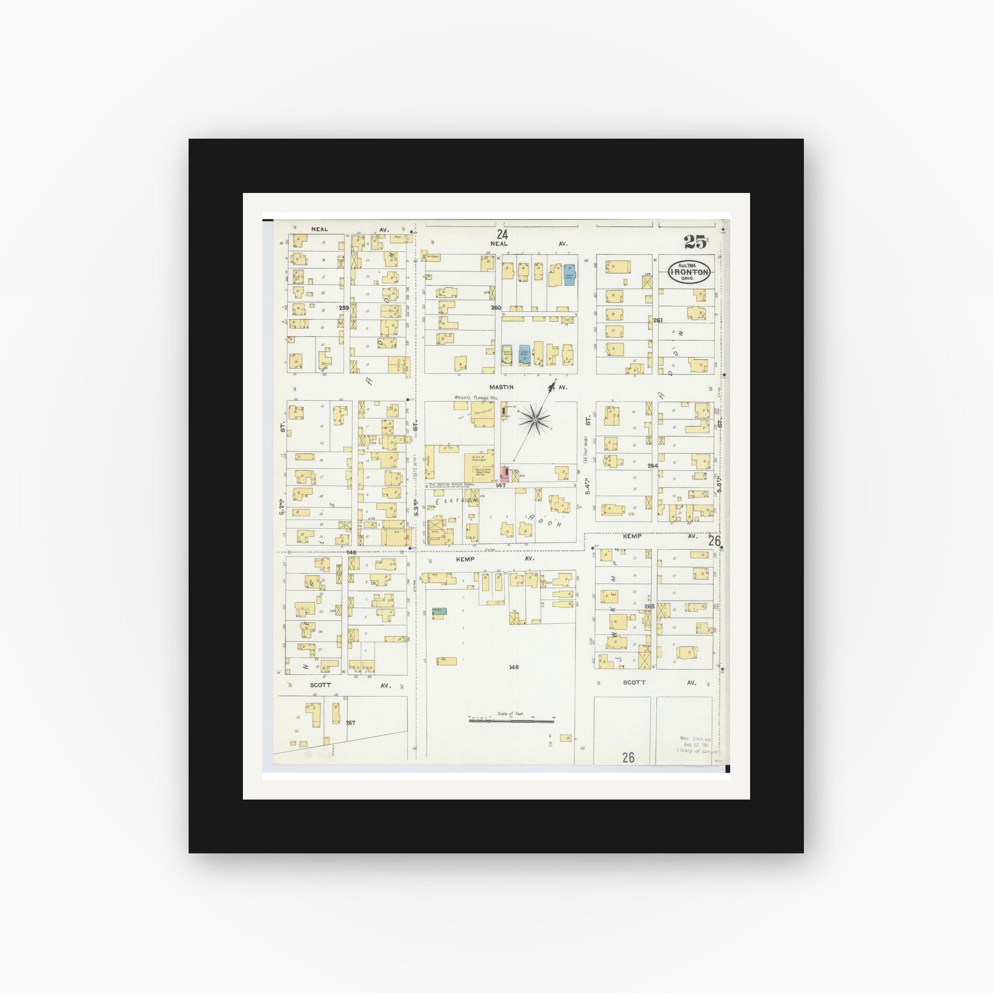 Old map wall art mockup — black gallery frame with white mat — Sanborn Fire Insurance Map from Ironton, Lawrence County, Ohio (1904), Sheet #0025