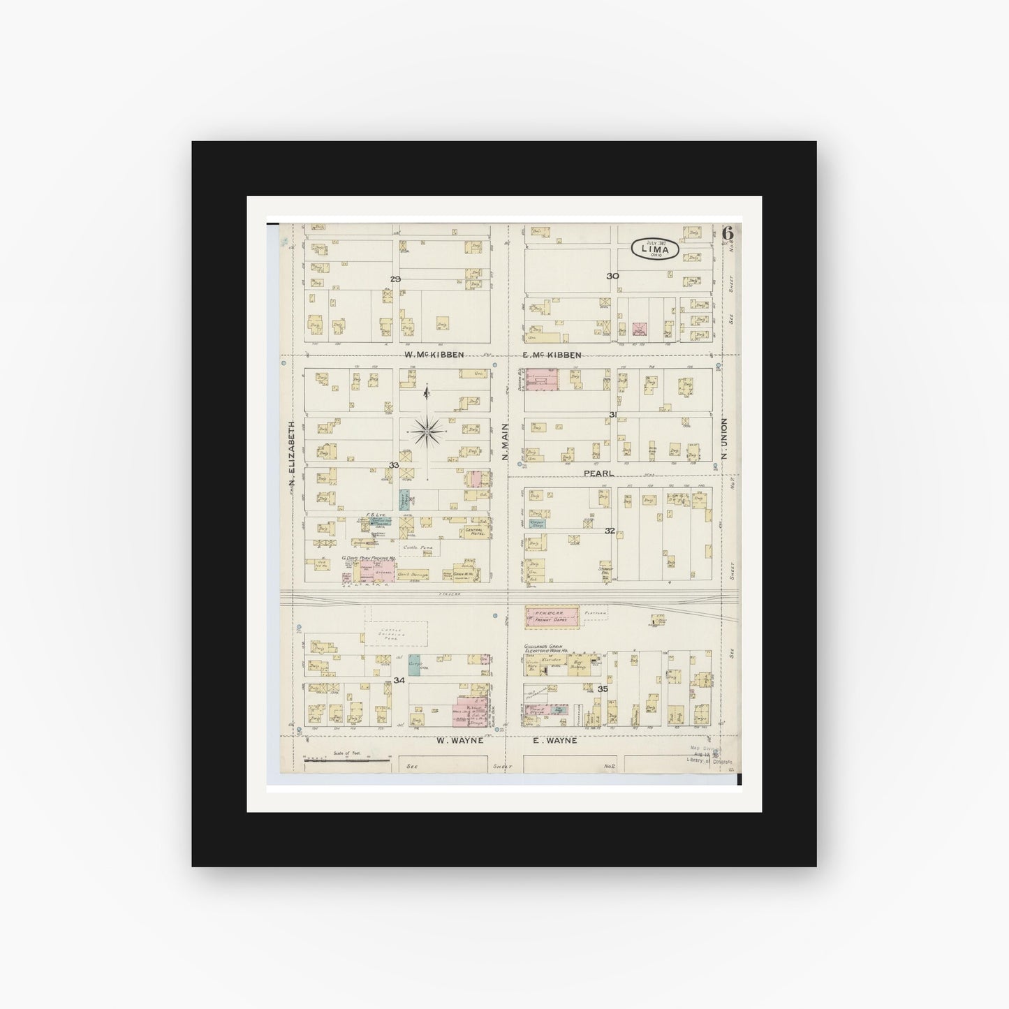 Old map wall art mockup — black gallery frame with white mat — Sanborn Fire Insurance Map from Lima, Allen County, Ohio (1887), Sheet #0006