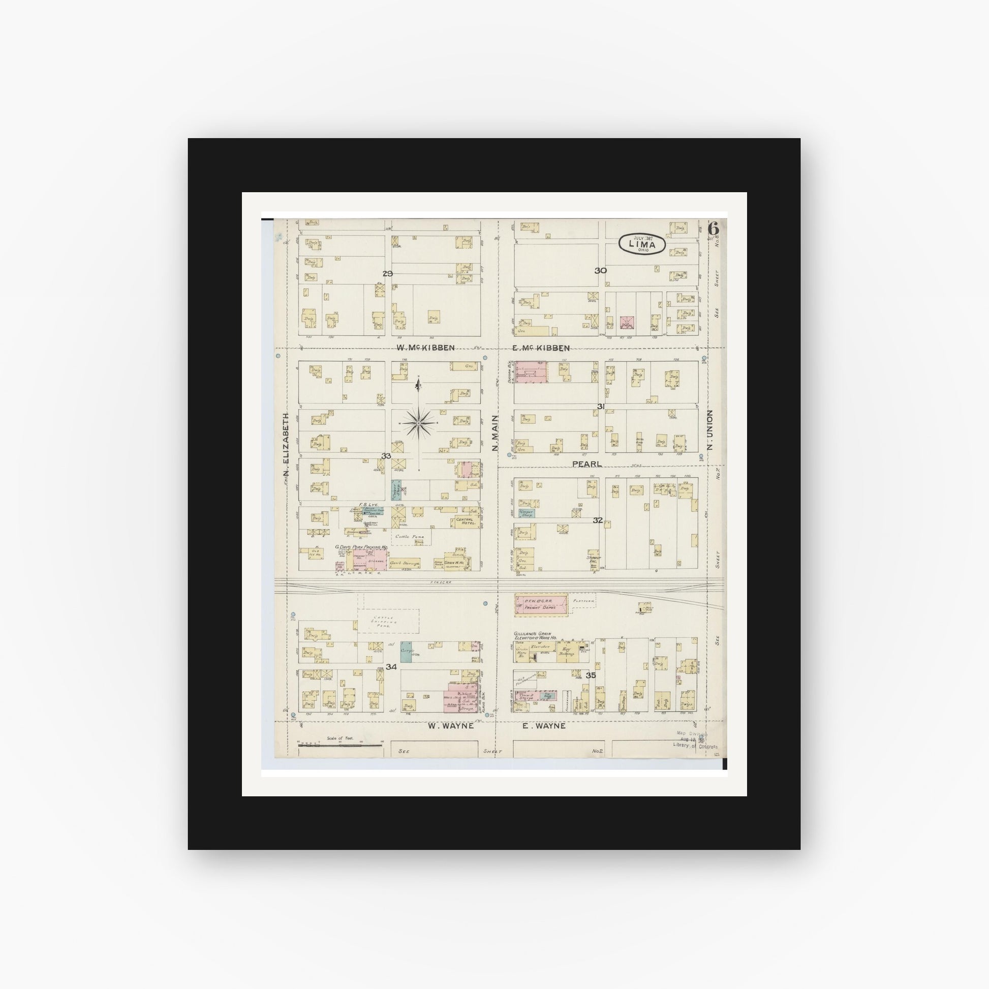 Old map wall art mockup — black gallery frame with white mat — Sanborn Fire Insurance Map from Lima, Allen County, Ohio (1887), Sheet #0006