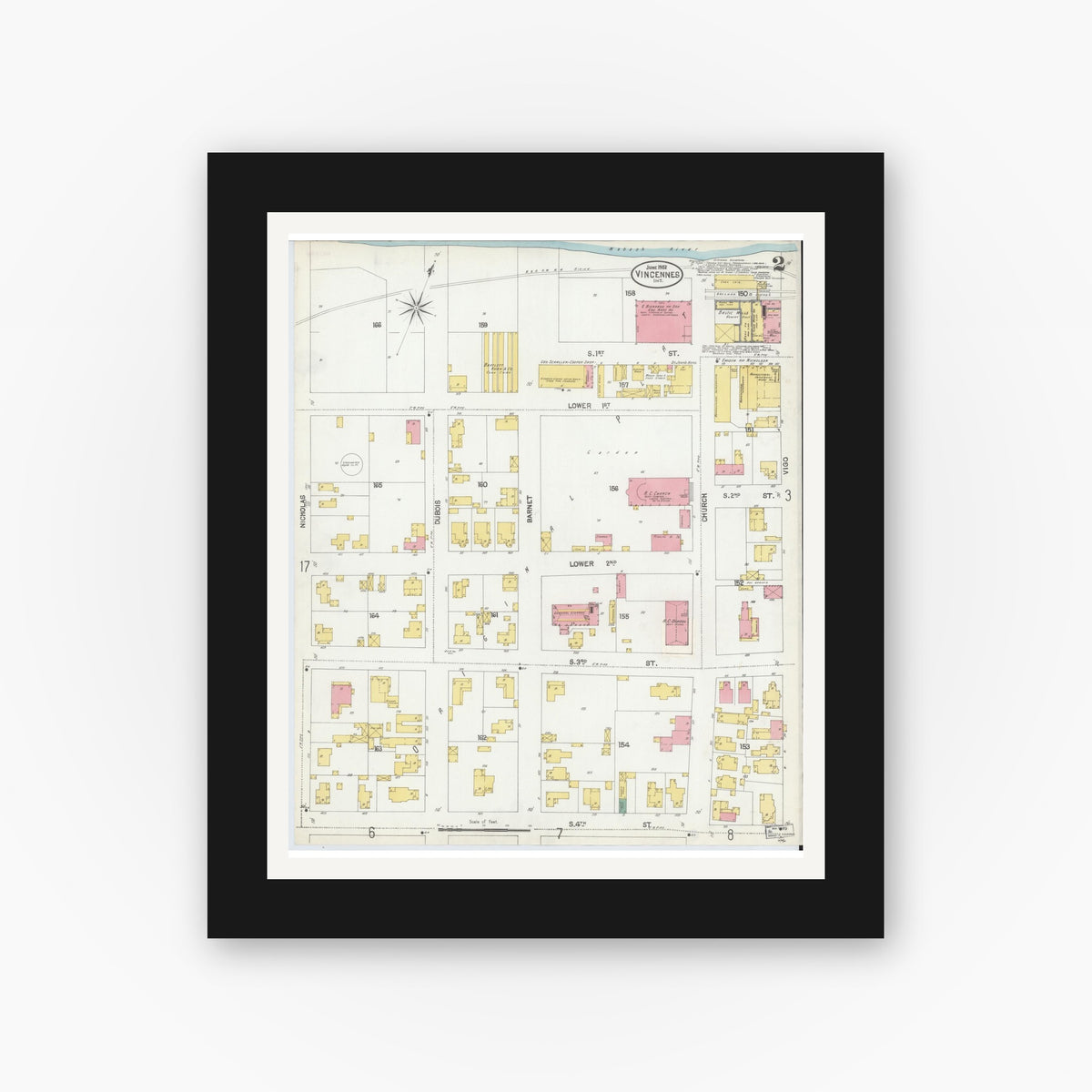 Old map wall art mockup — black gallery frame with white mat — Sanborn Fire Insurance Map from Vincennes, Knox County, Indiana (1902), Sheet #0002
