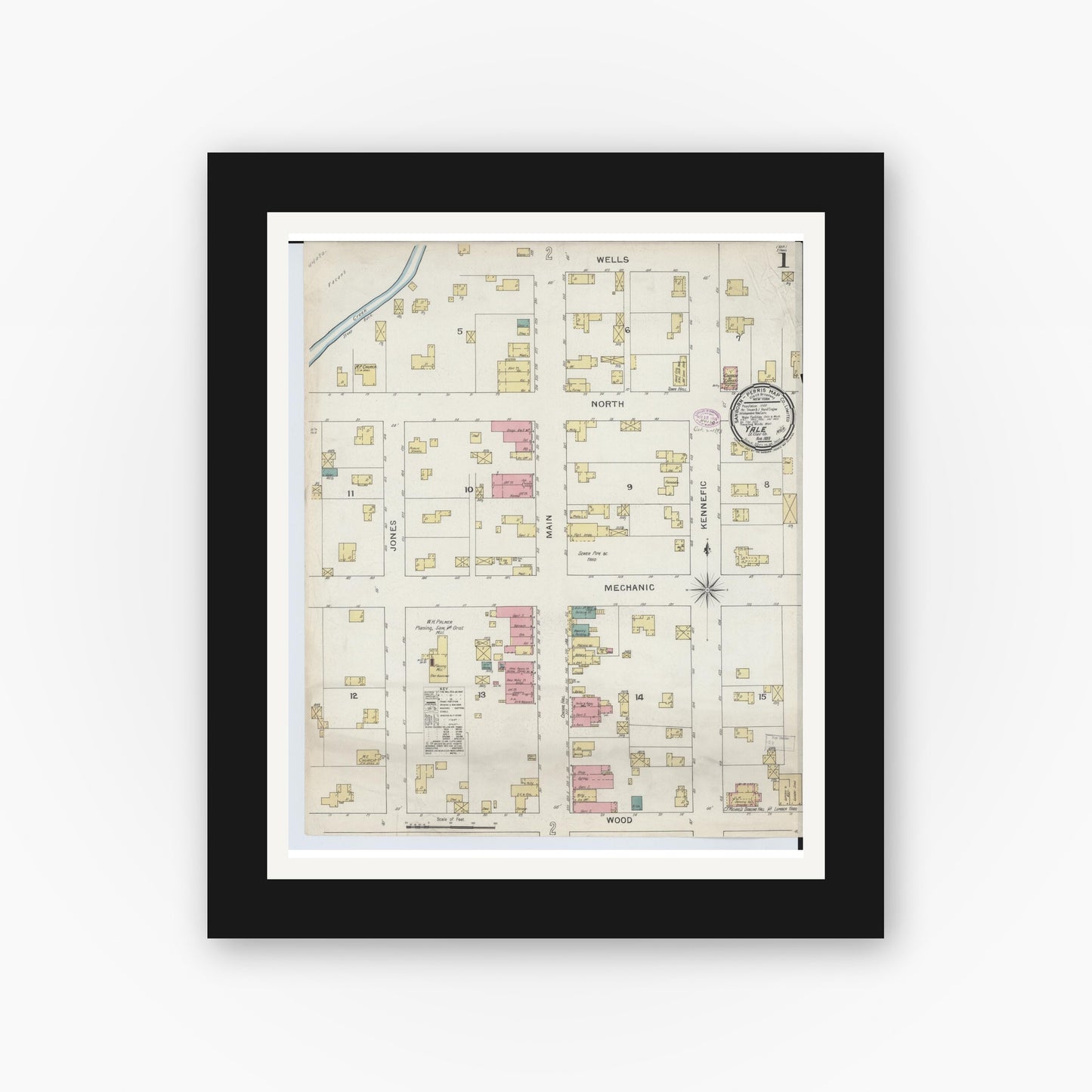 Old map wall art mockup — black gallery frame with white mat — Sanborn Fire Insurance Map from Yale, Saint Clair County, Michigan (1893), Sheet #0001