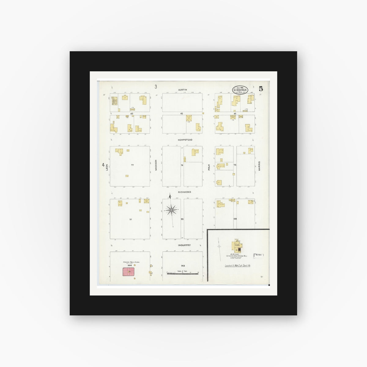 Old map wall art mockup — black gallery frame with white mat — Sanborn Fire Insurance Map from Giddings, Lee County, Texas (1906), Sheet #0005