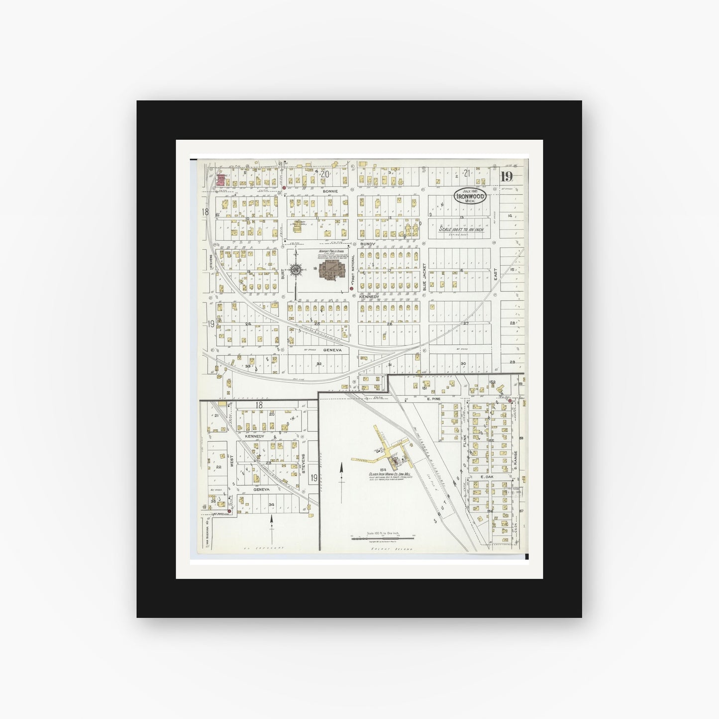 Old map wall art mockup — black gallery frame with white mat — Sanborn Fire Insurance Map from Ironwood, Gogebic County, Michigan (1921), Sheet #0019