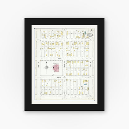 Old map wall art mockup — black gallery frame with white mat — Sanborn Fire Insurance Map from Chisholm, Saint Louis County, Minnesota (1909), Sheet #0004