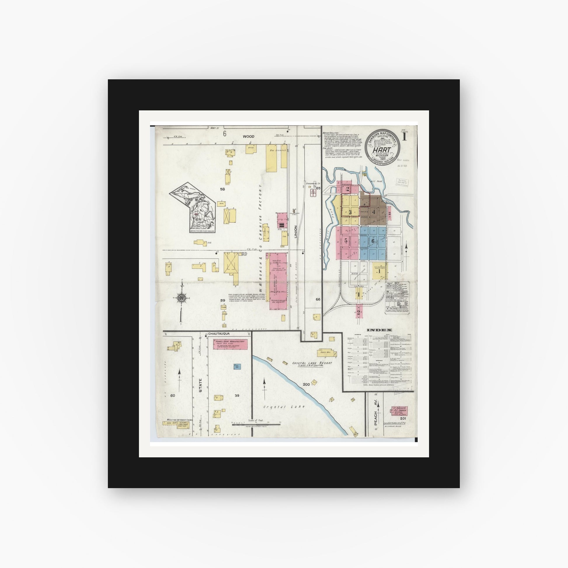 Old map wall art mockup — black gallery frame with white mat — Sanborn Fire Insurance Map from Hart, Oceana County, Michigan (1920) - Complete Map Set