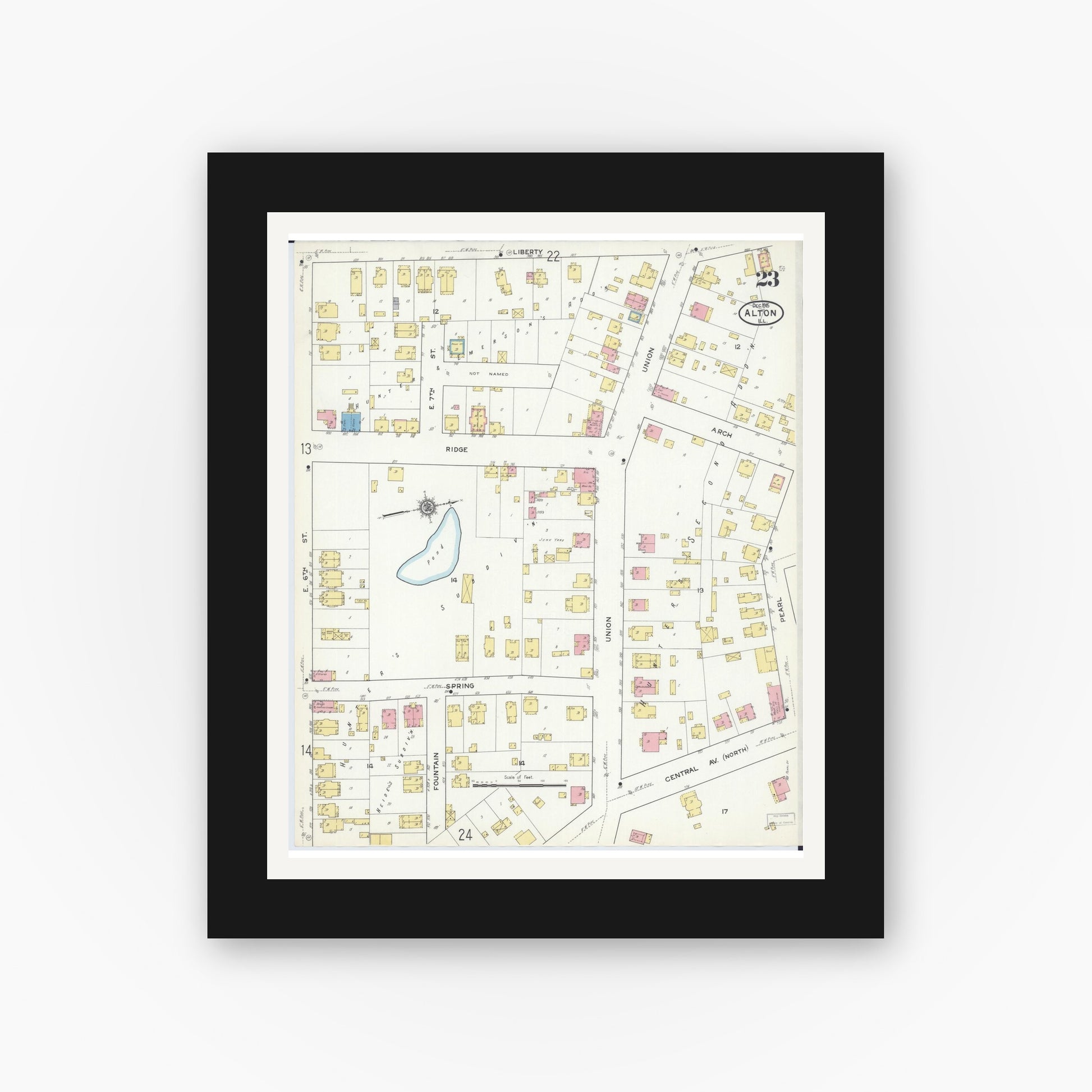 Old map wall art mockup — black gallery frame with white mat — Sanborn Fire Insurance Map from Alton, Madison County, Illinois (1915), Sheet #0023